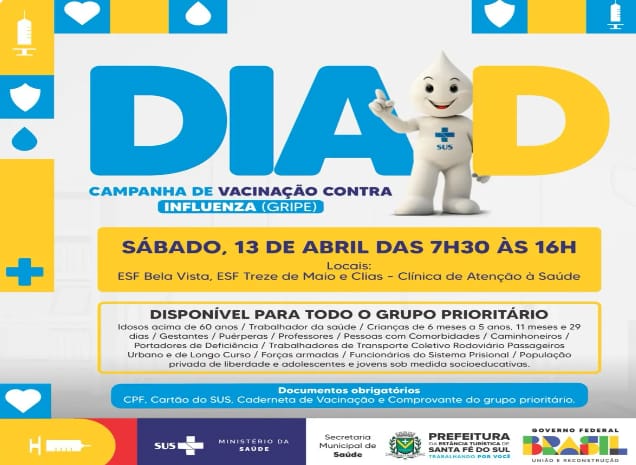  Dia D de Vacinação contra gripe acontece sábado para todos do grupo prioritário em Santa Fé do Sul