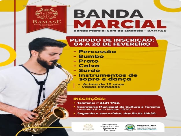  Secretaria de Cultura e Turismo abre inscrições para integrar a Banda Marcial Som da Estância – Bamase de Santa Fé do Sul