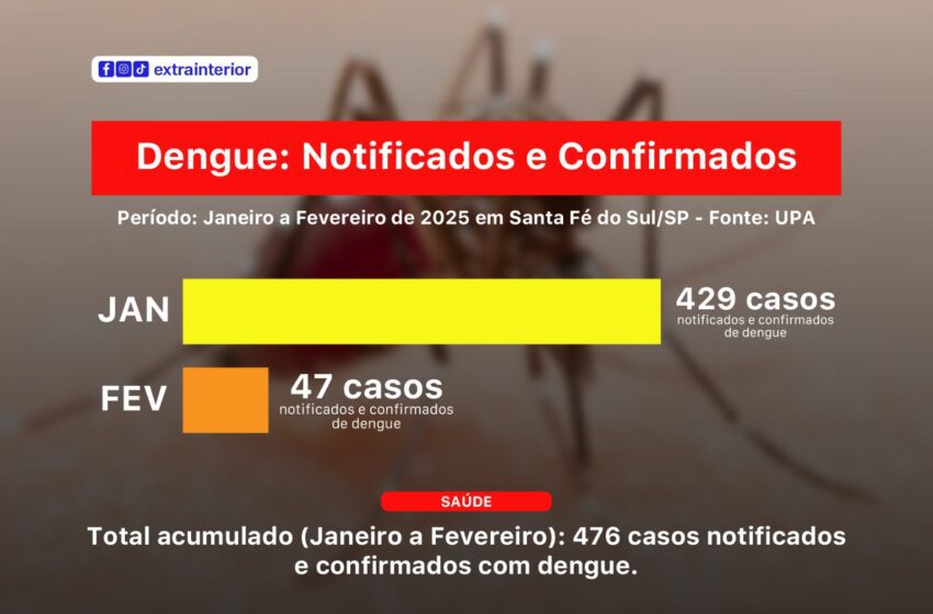  Dengue: meses de janeiro e fevereiro somaram 476 casos notificados e confirmados da doença em Santa Fé do Sul